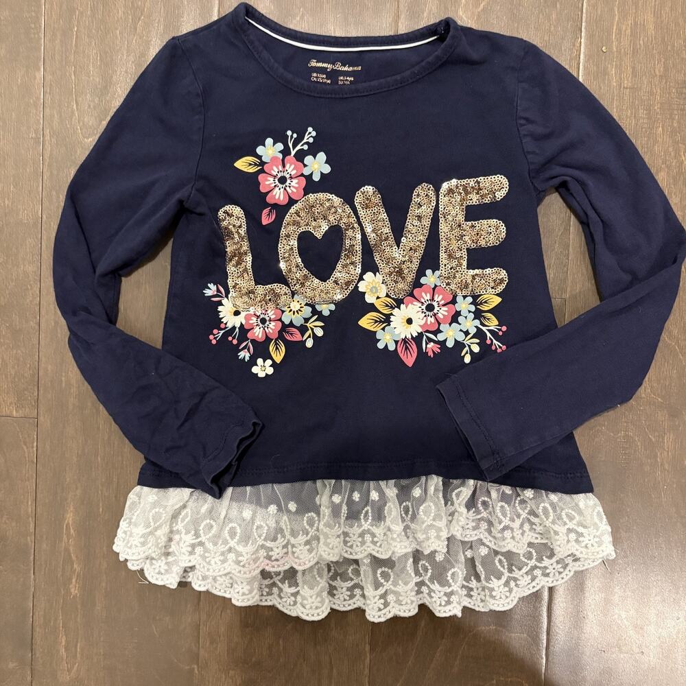 Tommy Bahama Shirt Girls XS 4‎ Navy Blue Love Sequin Floral Lace Long Sleeve Top